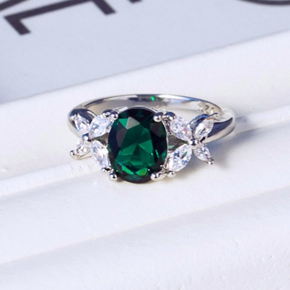 🎀 Dainty Oval Green Zircon Emerald Elegant Silver Rings for Women, EVGG1252 - Picture 1 of 5